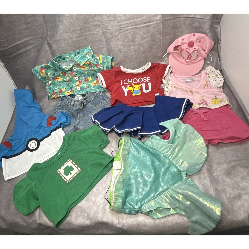 Build A Bear Clothes Lot Pokemon Disney Jean Shorts Skirts Mermaid Tail & Cap